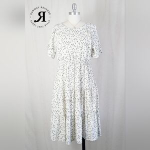 Ces Femme Cream & Black Animal Print Patterned Tiered Flutter Sleeve Midi Dress